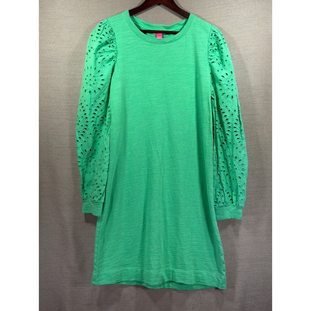 Lilly Pulitzer Jasona Dress L Cabana Green Eyelet Puff Sleeve Jersey Knit Shift
